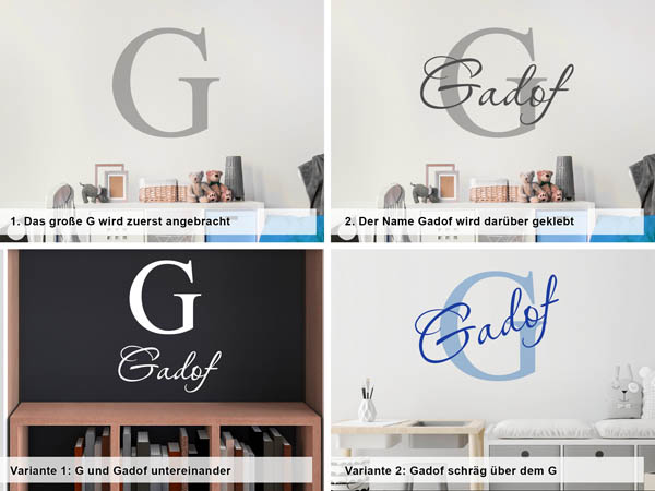 Verschiedene Anordnungen des Wandtattoos Gadof