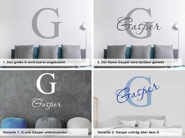 Verschiedene Anordnungen des Wandtattoos Gasper