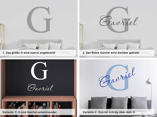 Verschiedene Anordnungen des Wandtattoos Gavriel