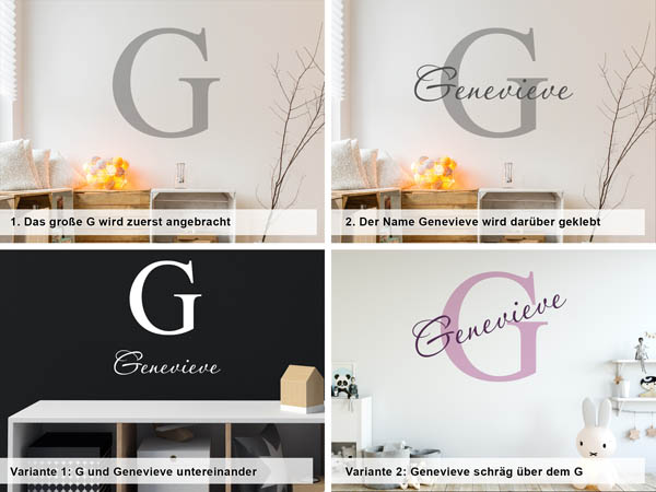 Verschiedene Anordnungen des Wandtattoos Genevieve