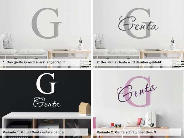 Verschiedene Anordnungen des Wandtattoos Genta