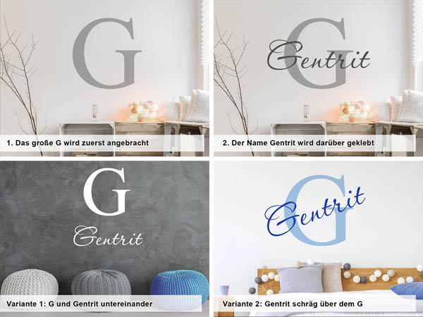 Verschiedene Anordnungen des Wandtattoos Gentrit