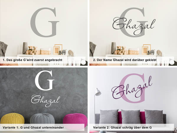 Verschiedene Anordnungen des Wandtattoos Ghazal
