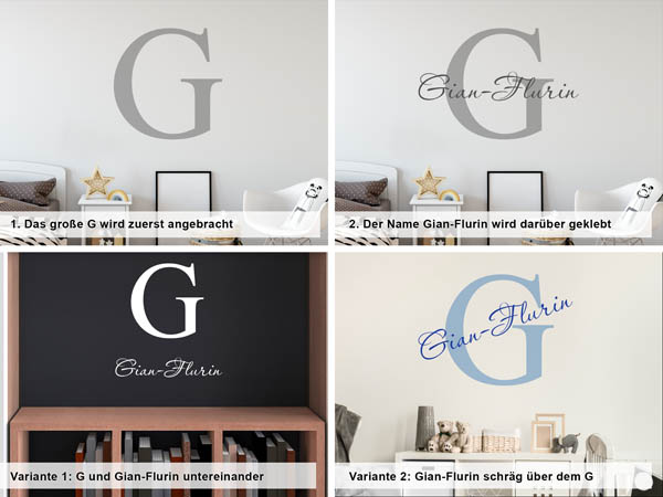 Verschiedene Anordnungen des Wandtattoos Gian-Flurin