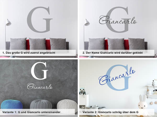 Verschiedene Anordnungen des Wandtattoos Giancarlo