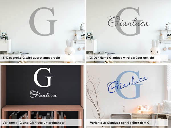 Verschiedene Anordnungen des Wandtattoos Gianluca