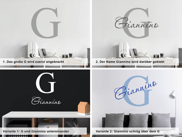 Verschiedene Anordnungen des Wandtattoos Giannino