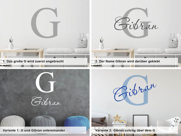 Verschiedene Anordnungen des Wandtattoos Gibran