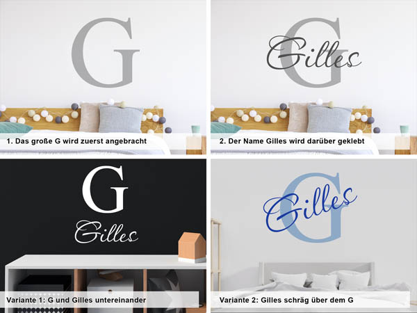 Verschiedene Anordnungen des Wandtattoos Gilles