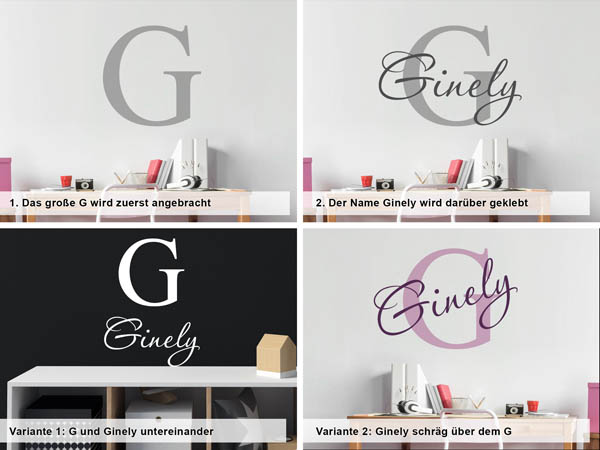Verschiedene Anordnungen des Wandtattoos Ginely