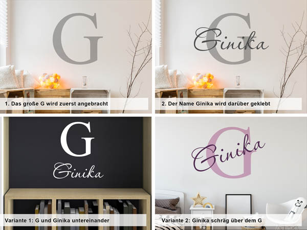 Verschiedene Anordnungen des Wandtattoos Ginika