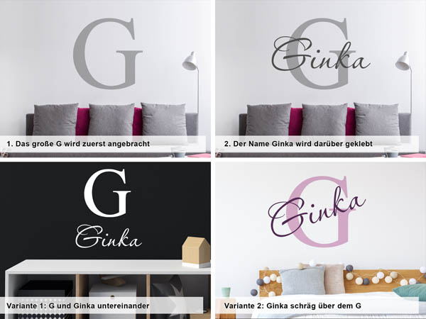 Verschiedene Anordnungen des Wandtattoos Ginka