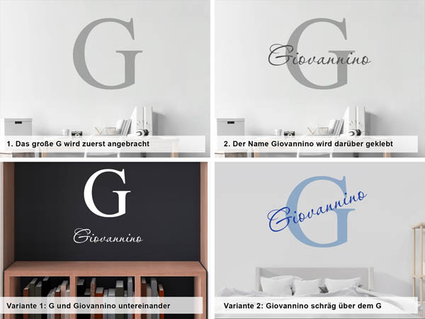 Verschiedene Anordnungen des Wandtattoos Giovannino