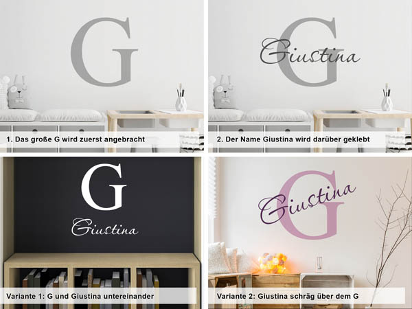 Verschiedene Anordnungen des Wandtattoos Giustina