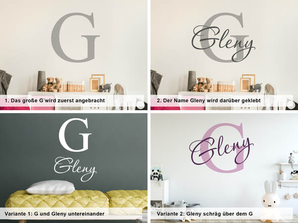 Verschiedene Anordnungen des Wandtattoos Gleny