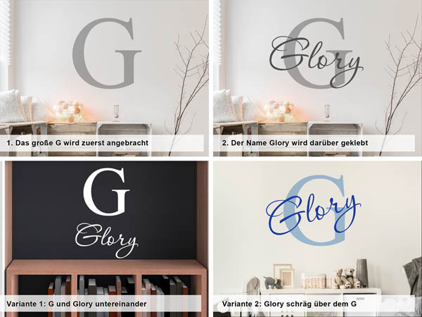 Verschiedene Anordnungen des Wandtattoos Glory