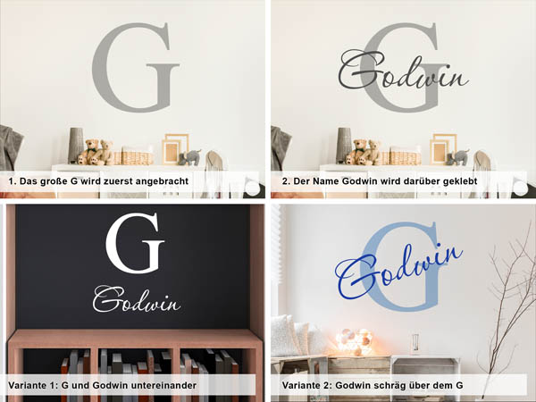 Verschiedene Anordnungen des Wandtattoos Godwin