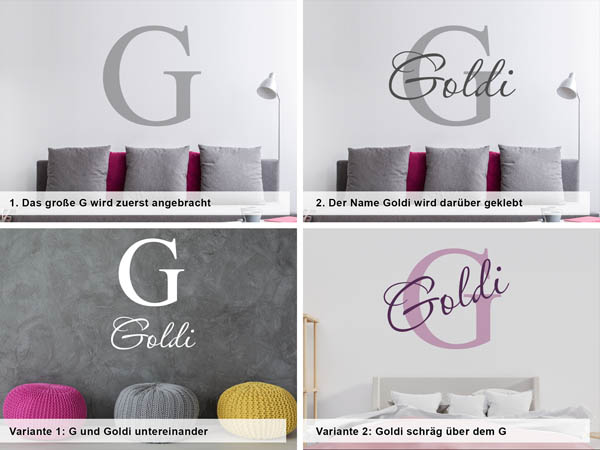 Verschiedene Anordnungen des Wandtattoos Goldi