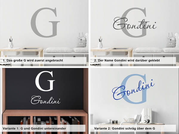 Verschiedene Anordnungen des Wandtattoos Gondini