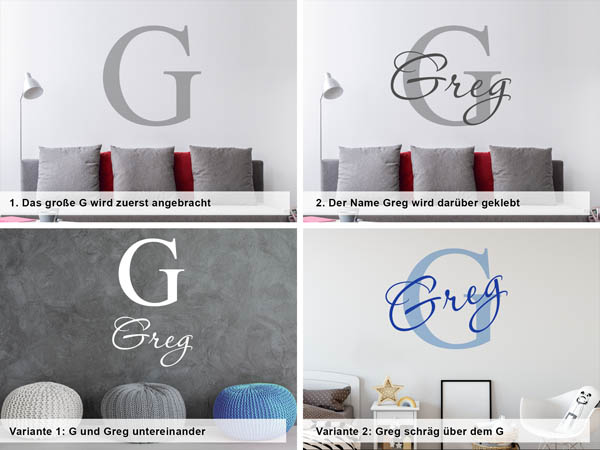 Verschiedene Anordnungen des Wandtattoos Greg