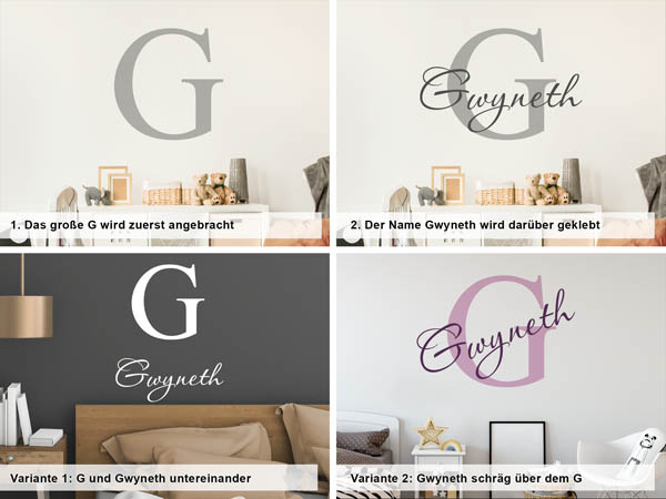 Verschiedene Anordnungen des Wandtattoos Gwyneth