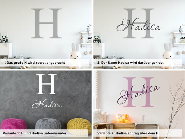 Verschiedene Anordnungen des Wandtattoos Hadisa