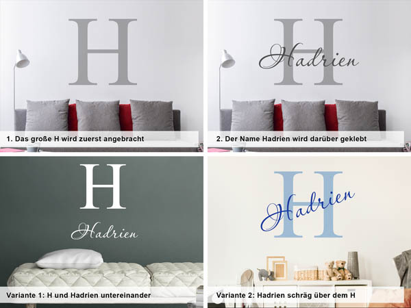 Verschiedene Anordnungen des Wandtattoos Hadrien