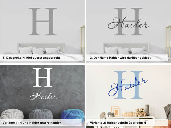 Verschiedene Anordnungen des Wandtattoos Haider