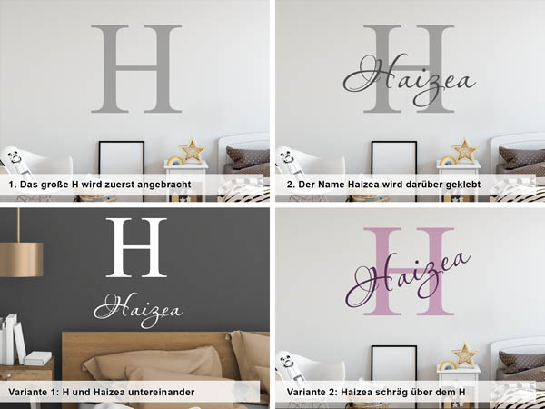 Verschiedene Anordnungen des Wandtattoos Haizea