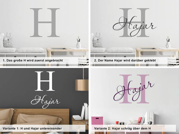 Verschiedene Anordnungen des Wandtattoos Hajar
