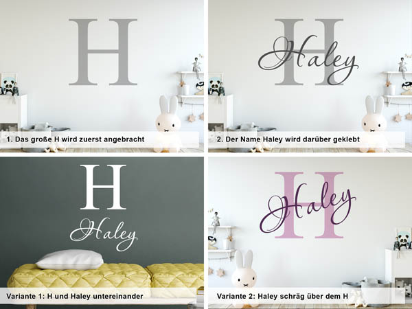 Verschiedene Anordnungen des Wandtattoos Haley