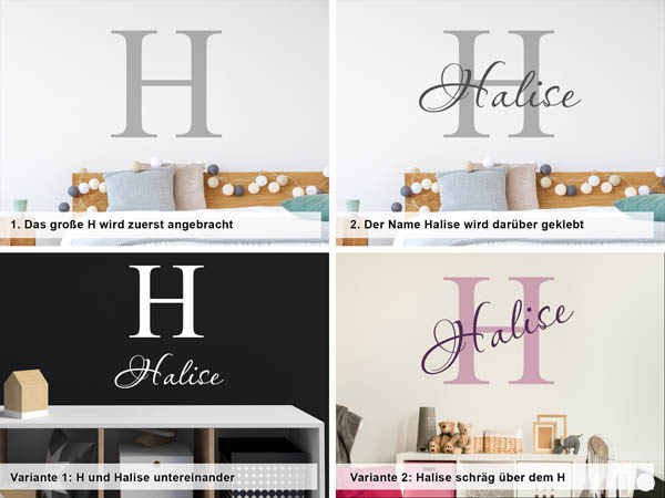 Verschiedene Anordnungen des Wandtattoos Halise