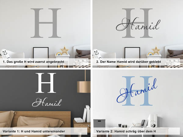 Verschiedene Anordnungen des Wandtattoos Hamid