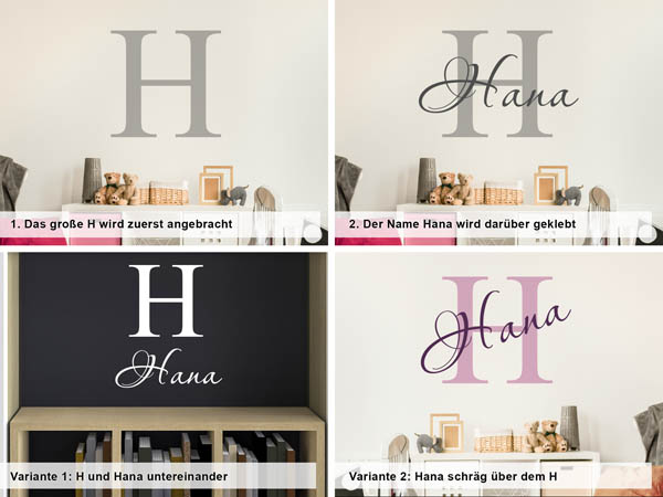 Verschiedene Anordnungen des Wandtattoos Hana