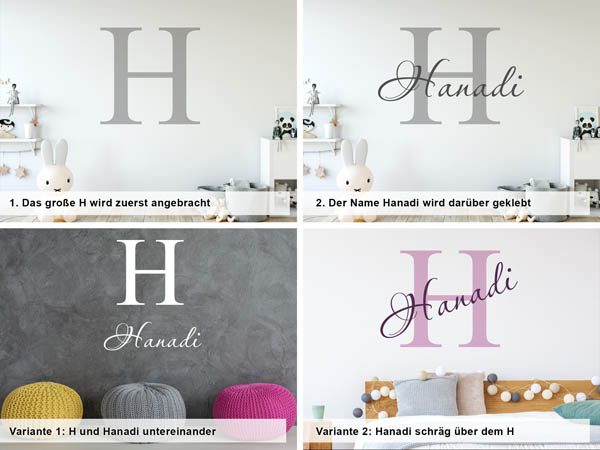 Verschiedene Anordnungen des Wandtattoos Hanadi