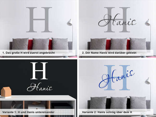 Verschiedene Anordnungen des Wandtattoos Hanis