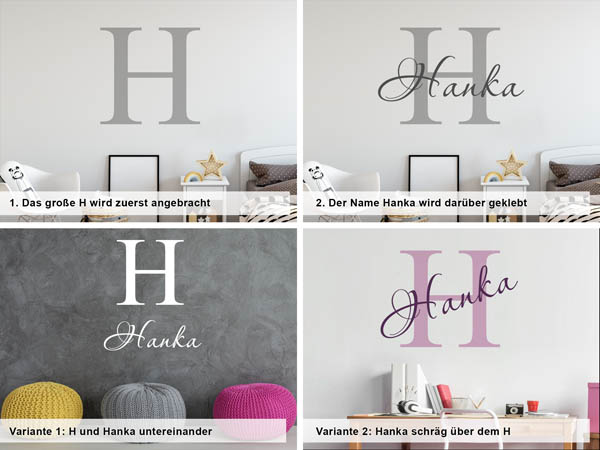 Verschiedene Anordnungen des Wandtattoos Hanka