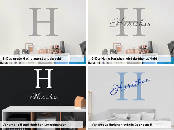 Verschiedene Anordnungen des Wandtattoos Harishan