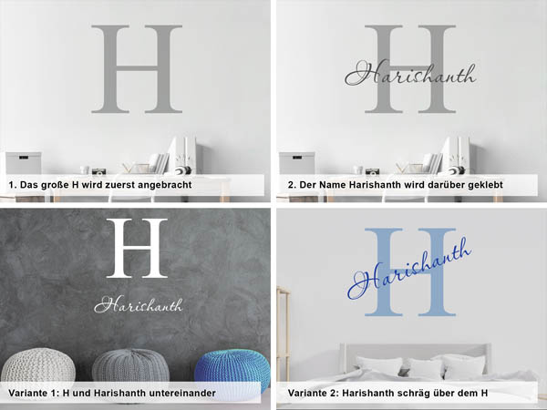 Verschiedene Anordnungen des Wandtattoos Harishanth