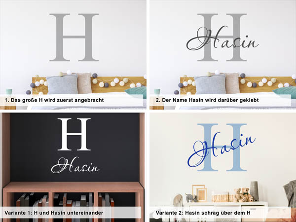 Verschiedene Anordnungen des Wandtattoos Hasin