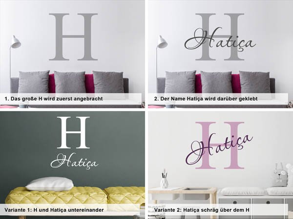 Verschiedene Anordnungen des Wandtattoos Hatiça