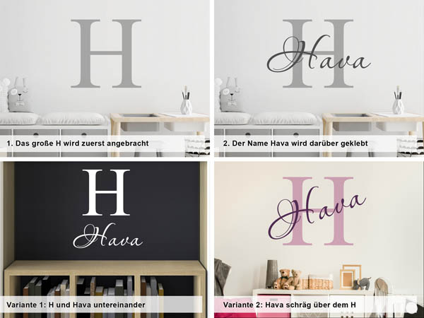 Verschiedene Anordnungen des Wandtattoos Hava