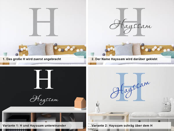 Verschiedene Anordnungen des Wandtattoos Hayssam