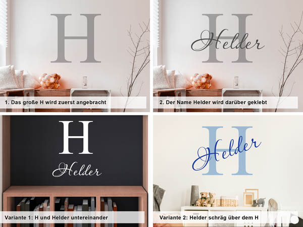 Verschiedene Anordnungen des Wandtattoos Helder