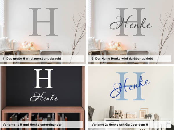 Verschiedene Anordnungen des Wandtattoos Henke