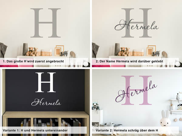 Verschiedene Anordnungen des Wandtattoos Hermela