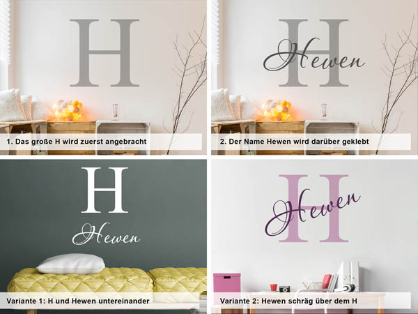 Verschiedene Anordnungen des Wandtattoos Hewen