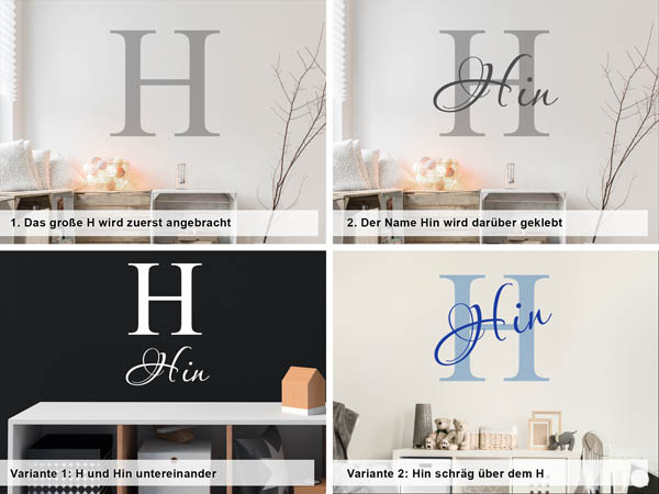 Verschiedene Anordnungen des Wandtattoos Hin