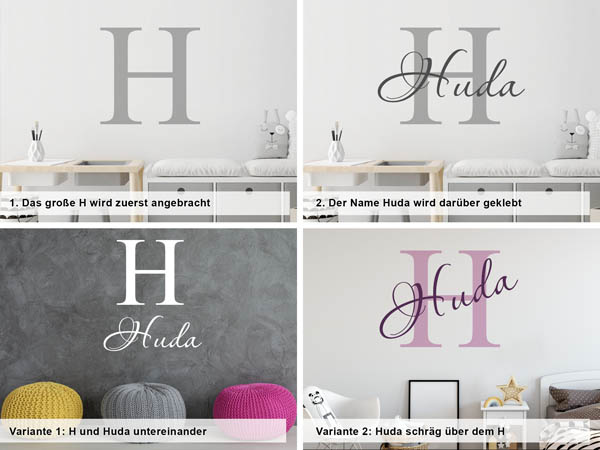 Verschiedene Anordnungen des Wandtattoos Huda