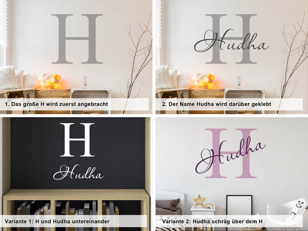 Verschiedene Anordnungen des Wandtattoos Hudha